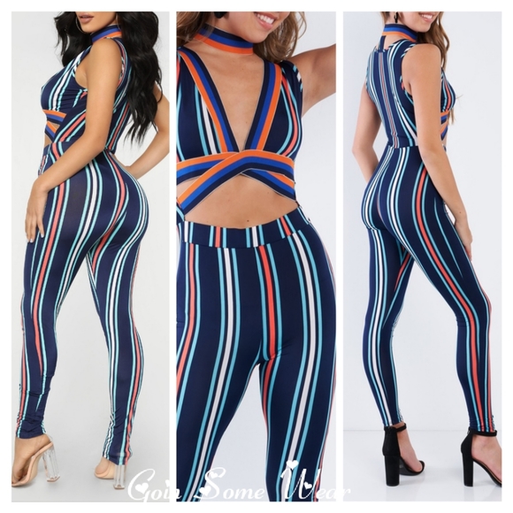 Chic Navy Multi Striped Jumpsuit - Picture 3 of 5